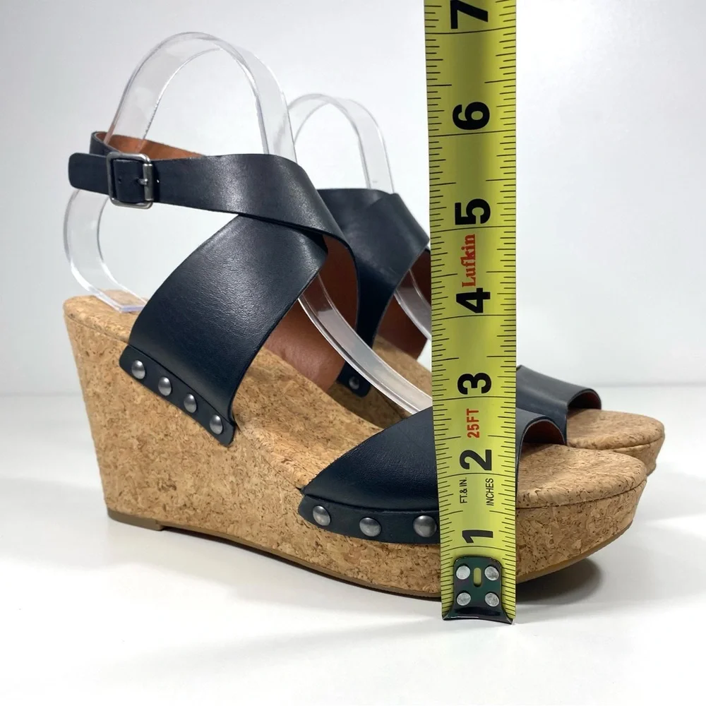 Lucky Brand Missy Black Leather Strappy Studded Cork Platform Wedge Sandals 10